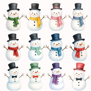 May include: Watercolor illustration of twelve snowmen with black top hats, twig arms, and smiling faces. Each snowman wears a different colored scarf, including green, yellow, pink, blue, red, and purple. The snowmen have black button eyes and coal mouths.