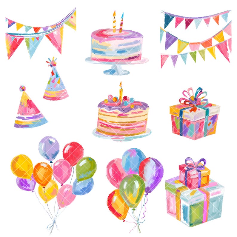 May include: A set of colorful birthday party decorations, including two cakes, two gift boxes, two party hats, a string of flags, and a bunch of balloons.