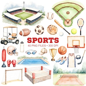 May include: A set of 40 watercolor illustrations of sports equipment and facilities. The illustrations include a baseball field, a basketball hoop, a boxing ring, a golf cart, a swimming pool, a tennis court, a football, a baseball, a basketball, a boxing glove, a golf club, a swimming cap, a tennis racket, a football helmet, a trophy, a water bottle, a pair of goggles, and a baseball cap. The illustrations are all in a watercolor style and are perfect for use in scrapbooking, card making, or other craft projects.