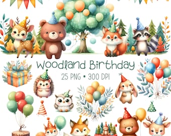 Woodland Birthday Clipart - Watercolor - Cute Animals Png - High Quality - Colorful Birthday Clipart - Forest Animals - Commercial Use