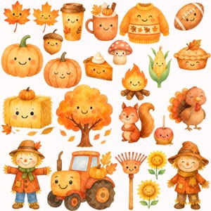 May include: A watercolour illustration featuring autumn-themed objects such as pumpkins, leaves, a tractor, and a scarecrow. The image uses a warm colour palette of orange, yellow, and brown, with smiling faces on each object. The overall theme is autumn and harvest.