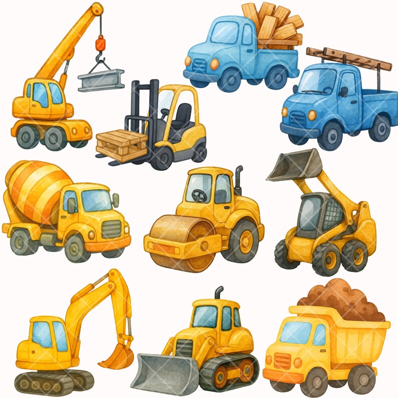 K&ouml;nnte beinhalten: Aquarell-Illustration verschiedener Baumaschinen, darunter ein Kran, ein Gabelstapler, ein Betonmischer, eine Walze, ein Bagger, ein Bulldozer und ein Muldenkipper. Die Fahrzeuge sind haupts&auml;chlich gelb und blau, mit Details wie einem Metalltr&auml;ger und Holzpaletten.