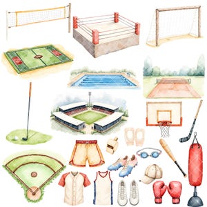 May include: Watercolor illustrations of various sports equipment and clothing.  The set includes a baseball field, football field, basketball hoop, boxing ring, soccer goal, swimming pool, golf club, baseball bat, boxing gloves, a punching bag, a whistle, goggles, cleats, a baseball uniform, a basketball uniform, and a baseball cap.