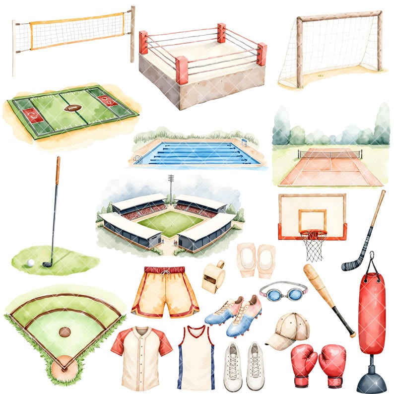 May include: Watercolor illustrations of various sports equipment and clothing.  The set includes a baseball field, football field, basketball hoop, boxing ring, soccer goal, swimming pool, golf club, baseball bat, boxing gloves, a punching bag, a whistle, goggles, cleats, a baseball uniform, a basketball uniform, and a baseball cap.