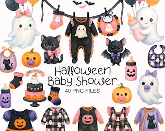 Cute Halloween Clipart - Watercolor - Nursery Png - Halloween Baby Shower - Halloween Png - Baby Girl Clipart Bundle - Commercial Use