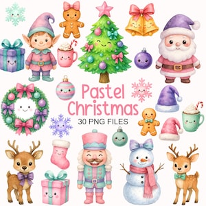 Può includere: Una collezione di illustrazioni natalizie in colori pastello. L'immagine presenta un albero di Natale, Babbo Natale, un elfo, un pupazzo di neve, renne, omini di pan di zenzero, ornamenti e scatole regalo. È incluso anche il testo "Pastel Christmas" e "30 PNG FILES".