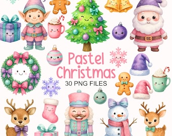 May include: A collection of pastel Christmas-themed illustrations. The image features a Christmas tree, Santa Claus, an elf, a snowman, reindeer, gingerbread people, ornaments, and gift boxes. The text "Pastel Christmas" and "30 PNG FILES" are also included.