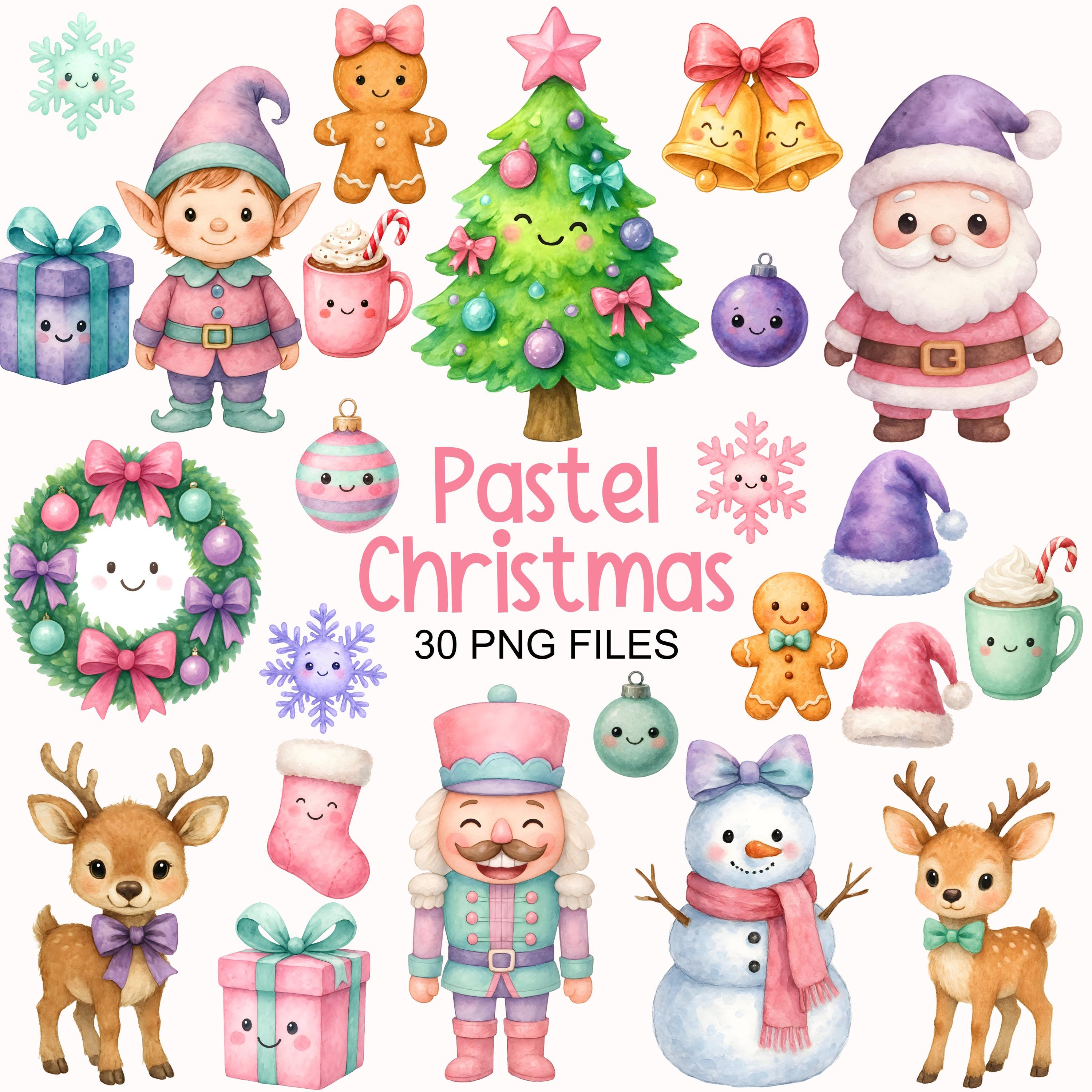 Cute Christmas Clipart - Watercolor - Kawaii Png - Pastel Christmas ...