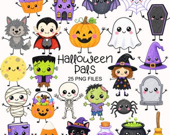 Cute Halloween Clipart - Watercolor - Halloween Characters Png - Commercial Use