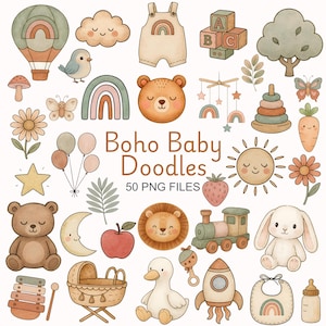 Puede incluir: Ilustraciones en acuarela de objetos con temática de bebé, incluyendo un globo aerostático, un arcoíris, un oso de peluche y bloques. También está presente el texto "Boho Baby Doodles" y "50 PNG FILES". El tema general es una paleta de colores suaves y pastel.