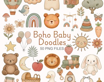 Boho Baby Doodle Clipart - Aquarell - Kinderzimmer Kunst - Babyparty Clipart - Neutral Clipart - Süße Baby Clipart - Kommerzielle Nutzung