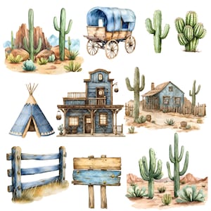 Pu&ograve; includere: Illustrazioni ad acquerello del sud-ovest americano. L'immagine presenta un carro coperto, cactus, un teepee, un saloon, una casetta, una staccionata in legno e un cartello in legno. La tavolozza dei colori include sfumature di blu, verde, marrone e beige.