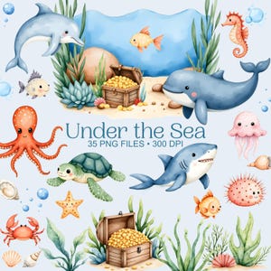 Clipart bajo el mar - Acuarela - Animales del océano Png - Alta calidad - Ballena - Tiburón - Delfín - Coral - Tortuga marina - Uso comercial
