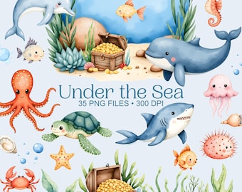Under the Sea Clipart - Watercolor - Ocean Animals Png - High Quality - Whale - Shark - Dolphin - Coral - Sea turtle - Commercial Use