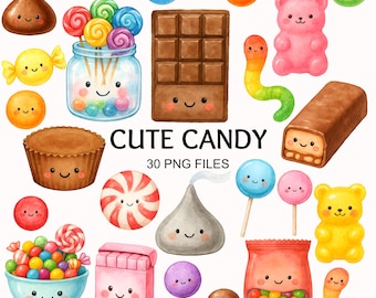 Puede incluir: Ilustraciones de acuarela de varios dulces, incluyendo piruletas, barras de chocolate, ositos de goma y caramelos. El texto "CUTE CANDY" y "30 PNG FILES" también está incluido.