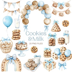 May include: Watercolour clipart set featuring cookies and milk. The set includes a variety of cookies, milk bottles, balloons, and other party decorations. The colours are blue, brown, and white. The text "Cookies & Milk" and "25 PNG Files" is included in the image.