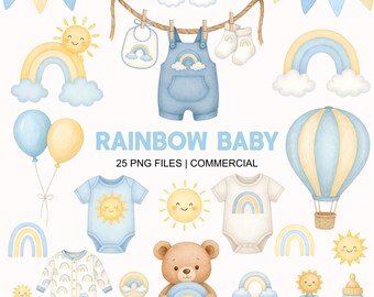 Baby Boy Clipart - Watercolor- Nursery Clipart - Rainbow Clipart  - High Quality - Baby Shower Sublimination - Commercial Use