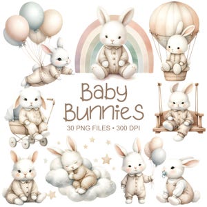 May include: A set of 30 digital illustrations of baby bunnies in various poses. The bunnies are white with pink noses and are wearing different outfits. The illustrations are perfect for creating baby shower invitations, cards, or other crafts.