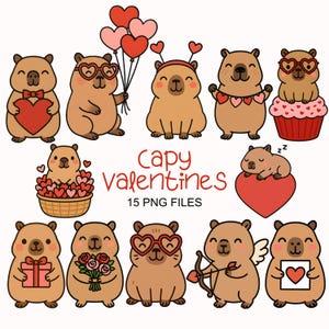 May include: A collection of cartoon capybaras with Valentine's Day themes. The capybaras are brown with various accessories, including heart-shaped glasses, bows, and balloons. The text "Capy Valentines" is displayed in red.