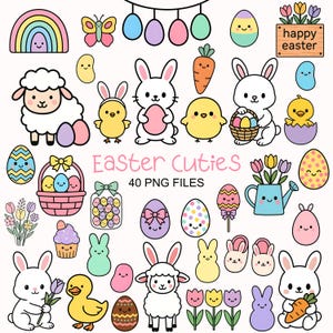 Może przedstawiać: Kolekcja kolorowych ilustracji o tematyce wielkanocnej. Obraz przedstawia króliki, pisklęta, jajka, tęczę i tekst "Easter Cuties 40 PNG FILES". Ilustracje są w stylu kreskówkowym.