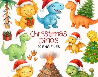 Christmas Dinosaur Clipart - Watercolor - Cute Christmas Png - Dinosaur Clipart - Commercial Use