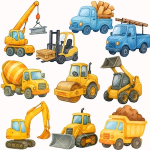 K&ouml;nnte beinhalten: Aquarell-Illustration verschiedener Baumaschinen, darunter ein Kran, ein Gabelstapler, ein Betonmischer, eine Walze, ein Bagger und ein Muldenkipper. Die Fahrzeuge sind haupts&auml;chlich gelb und blau.