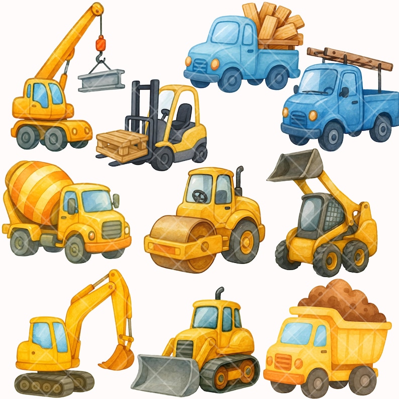 K&ouml;nnte beinhalten: Aquarell-Illustration verschiedener Baumaschinen, darunter ein Kran, ein Gabelstapler, ein Betonmischer, eine Walze, ein Bagger und ein Muldenkipper. Die Fahrzeuge sind haupts&auml;chlich gelb und blau.