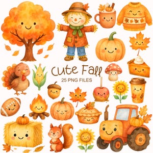 May include: A set of watercolour illustrations with an autumnal theme. Features a smiling scarecrow, pumpkins, a tree, a turkey, a squirrel, and a tractor. The text "Cute Fall" is displayed with "25 PNG FILES" below it.