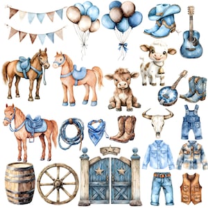Pu&ograve; includere: Illustrazioni ad acquerello di oggetti a tema cowboy. Include cavalli con selle, palloncini, una chitarra, stivali, una mucca, un banjo, un teschio di bue, abbigliamento in denim, un cancello di legno, una botte e una ruota di carro. La tavolozza dei colori &egrave; principalmente marrone, blu e bianco.