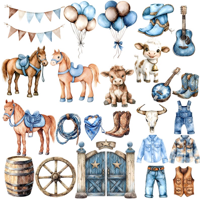 Pu&ograve; includere: Illustrazioni ad acquerello di oggetti a tema cowboy. Include cavalli con selle, palloncini, una chitarra, stivali, una mucca, un banjo, un teschio di bue, abbigliamento in denim, un cancello di legno, una botte e una ruota di carro. La tavolozza dei colori &egrave; principalmente marrone, blu e bianco.