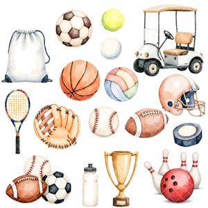 May include: Watercolor illustration of various sports equipment and accessories, including a golf cart, baseball, football, basketball, soccer ball, bowling pins, a trophy, a water bottle, a baseball glove, a helmet, a tennis racket, and a drawstring bag.