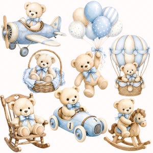 Puede incluir: Una colecci&oacute;n de ilustraciones con osos de peluche de color marr&oacute;n claro con lazos azules. Los osos se muestran volando un avi&oacute;n azul, sosteniendo globos azules, sentados en una cesta de mimbre, en un coche de carreras azul, en una mecedora y en un caballo balanc&iacute;n.