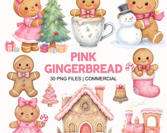 Pink Gingerbread Clipart Bundle - Watercolor - Christmas Png - Gingerbread Cookie - Gingerbread Girl - Gingerbread Boy - Commercial Use