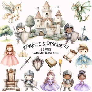 May include: Watercolor illustration featuring a castle, knights, princesses, a dragon, and a unicorn. The image includes a throne, swords, shields, crowns, and a scroll. Text reads "Knights & Princess" and "35 PNG COMMERCIAL USE".