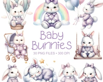 Clipart lapin bébé - aquarelle - clipart chambre d'enfant fille - lapin Png - haute qualité - violet Baby Shower Clipart - usage Commercial