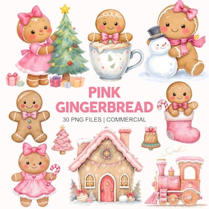 Rosa pepparkaks Clipart Bundle - Akvarell - Jul Png - Pepparkakaka - Pepparkaksflicka - Pepparkakspojke - Kommersiellt bruk bild 5