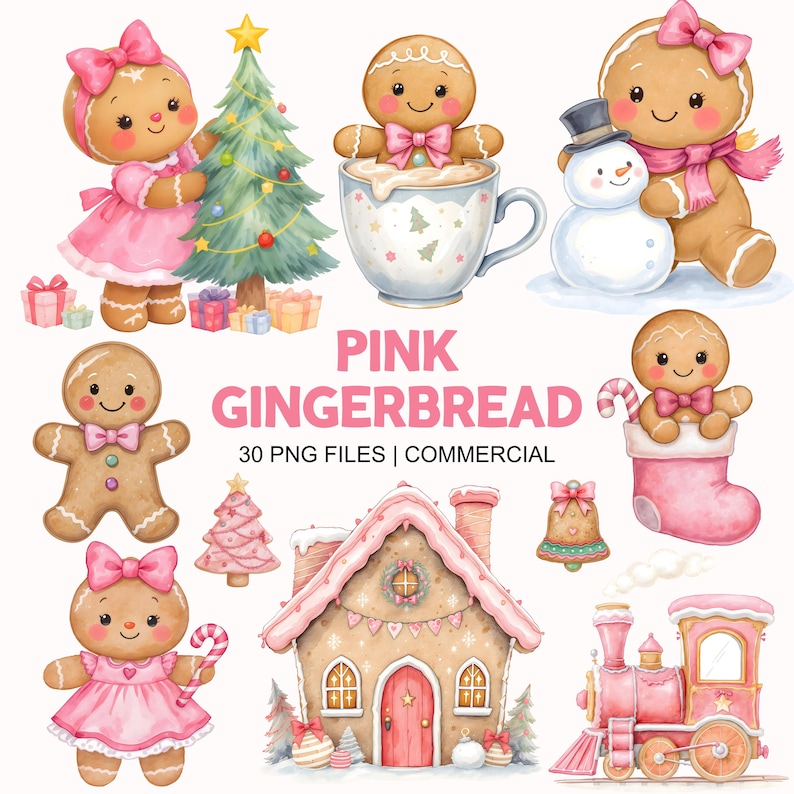 Rosa pepparkaks Clipart Bundle - Akvarell - Jul Png - Pepparkakaka - Pepparkaksflicka - Pepparkakspojke - Kommersiellt bruk bild 5