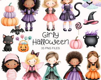 May include: A collection of watercolor illustrations with a Halloween theme. The image features several cartoon girls dressed in costumes, pumpkins, bats, a black cat, and a cauldron. The text "Girly Halloween" is displayed prominently.