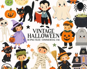 Vintage Halloween Clipart - Retro Png - Witch - Vampire - Jackolantern - Commercial Use