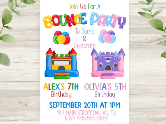 Sibling birthday invite, Joint birthday party, Editable invitation, Printable, Digital Download, Bounce house