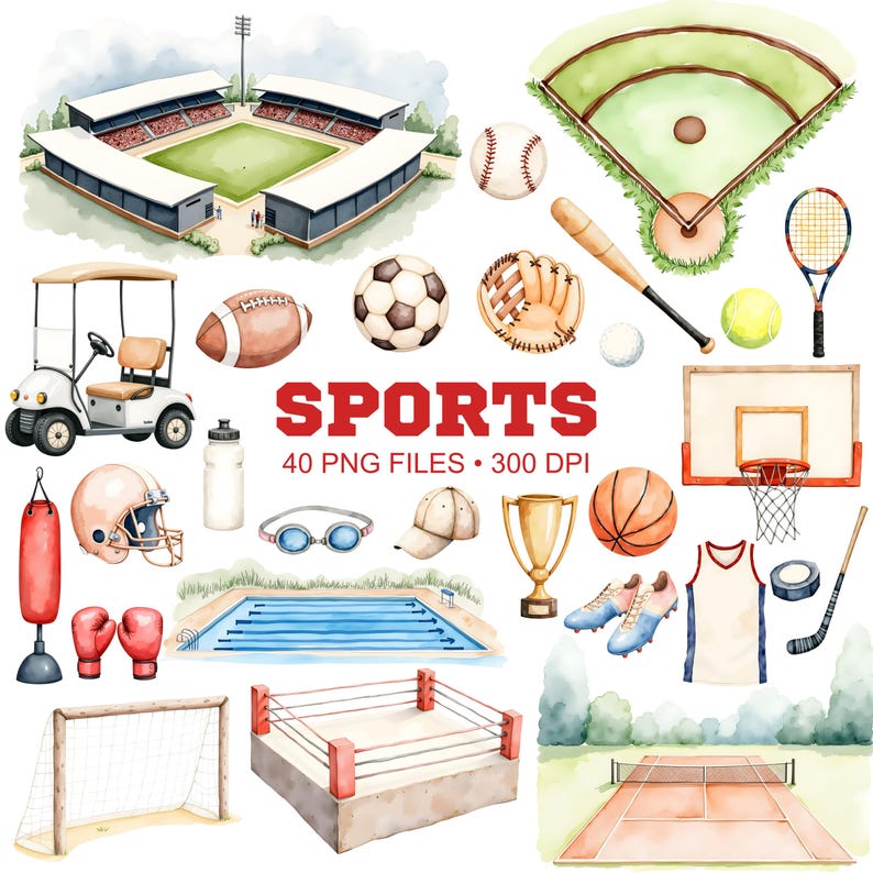 May include: A set of 40 watercolor illustrations of sports equipment and facilities. The illustrations include a baseball field, a basketball hoop, a boxing ring, a golf cart, a swimming pool, a tennis court, a football, a baseball, a basketball, a boxing glove, a golf club, a swimming cap, a tennis racket, a football helmet, a trophy, a water bottle, a pair of goggles, and a baseball cap. The illustrations are all in a watercolor style and are perfect for use in scrapbooking, card making, or other craft projects.