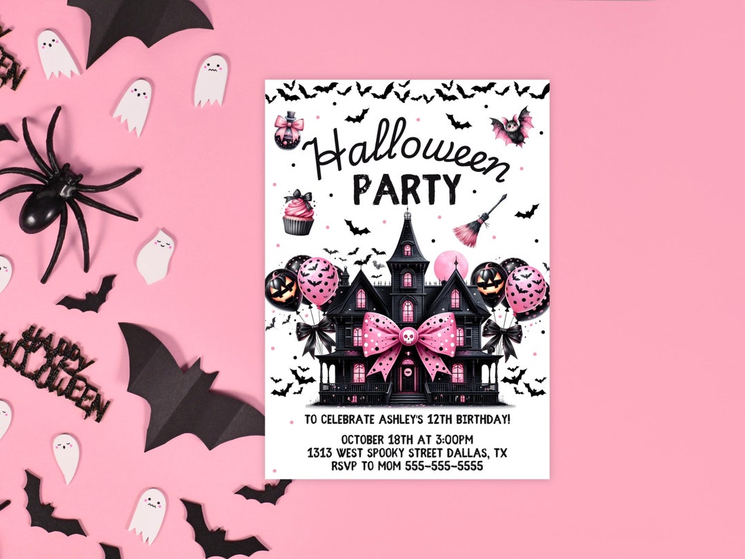 Halloween Invitation Editable Printable Pink Canva Template Cute ...