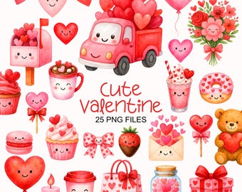 Cute Valentine Clipart - Watercolor - Kawaii Png - Valentine Sublimination - Kids Clipart - Commercial Use