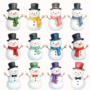 May include: Watercolor illustration of twelve snowmen with black top hats, twig arms, and smiling faces. Each snowman wears a different colored scarf, including green, yellow, pink, blue, red, and purple. The snowmen have black button eyes and coal mouths.
