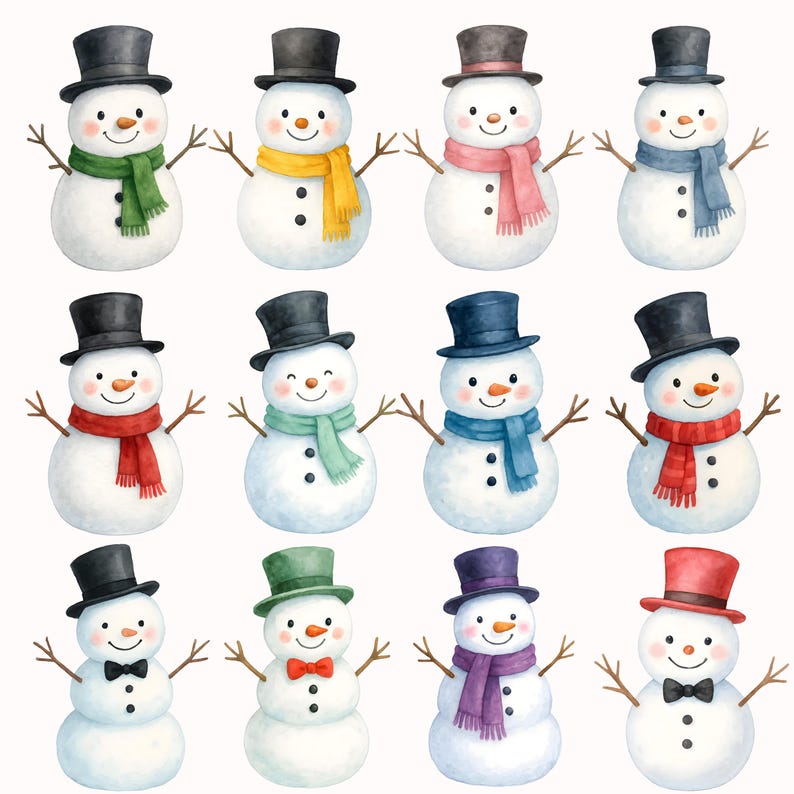 May include: Watercolor illustration of twelve snowmen with black top hats, twig arms, and smiling faces. Each snowman wears a different colored scarf, including green, yellow, pink, blue, red, and purple. The snowmen have black button eyes and coal mouths.