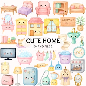 May include: Watercolor illustration featuring various cute home-themed objects. Includes furniture like a bed, sofa, and dresser, along with appliances, a house, and a welcome mat. The text "CUTE HOME" and "60 PNG FILES" are also visible.