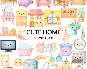 Kawaii Home Clipart - Watercolor - Cute Png - Planner Sticker - Sublimination - Household Clipart - Commercial Use