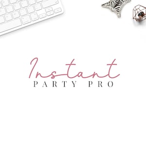 Puede incluir: Un fondo blanco con un logotipo rosa en cursiva que dice "Instant Party Pro".