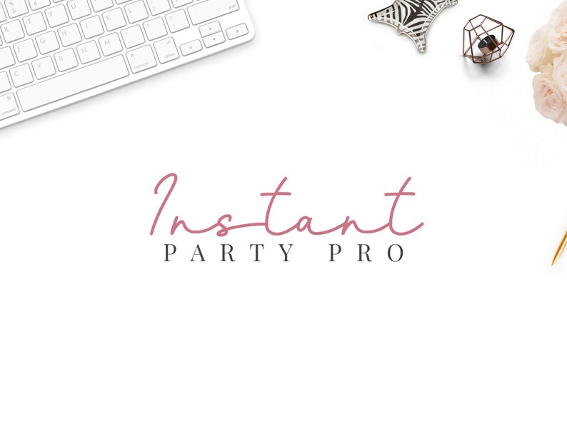 Puede incluir: Un fondo blanco con un logotipo rosa en cursiva que dice "Instant Party Pro".