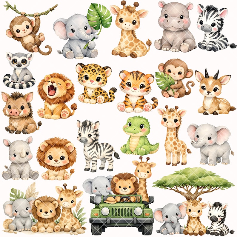 K&ouml;nnte beinhalten: Eine Sammlung von Aquarellillustrationen verschiedener Baby-Tiere, darunter Affe, Elefant, Giraffe, Nilpferd, Zebra, Lemur, Leopard, Tiger, Nashorn, L&ouml;we, Warzenschwein, Krokodil und Hirsch. Die Tiere sind im Cartoon-Stil dargestellt.